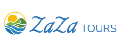 ZaZa Tours official logo featuring a sun, mountains, and sea waves icon.
